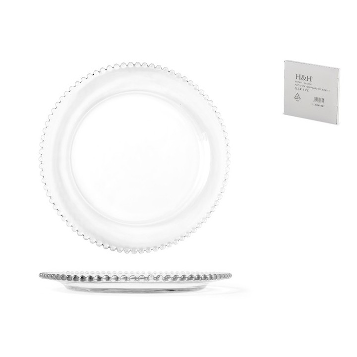 Piatto tondo collier in vetro trasparente con ala perlinata cm 34