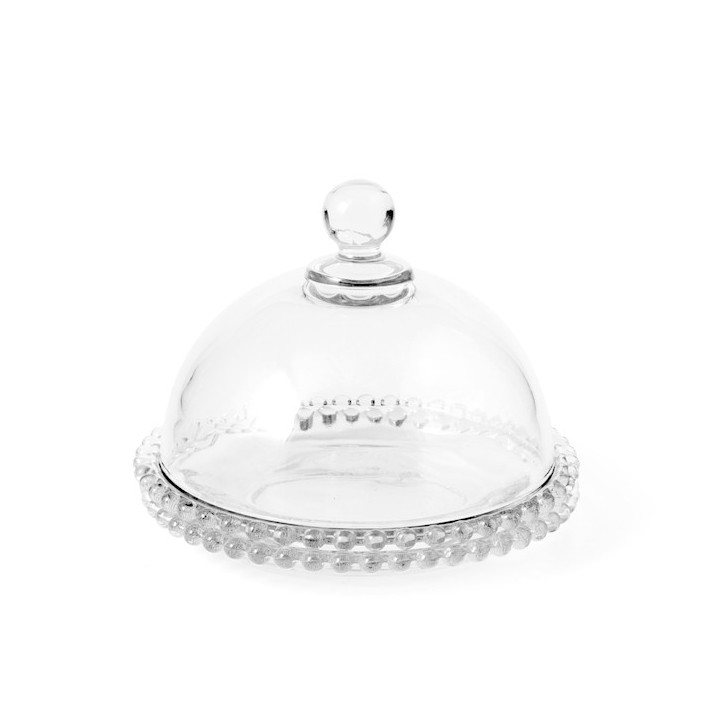 Piatto con cupola collier in vetro trasparente con ala perlinata cm 19,5