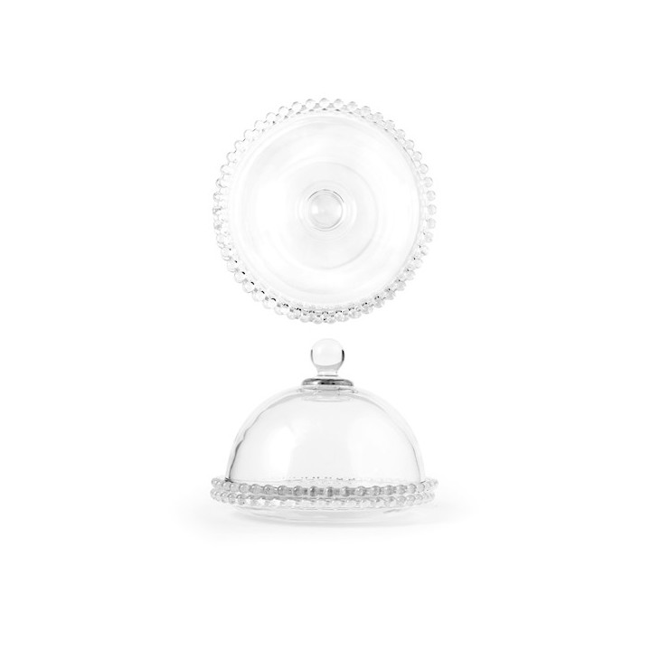 Piatto con cupola collier in vetro trasparente con ala perlinata cm 19,5