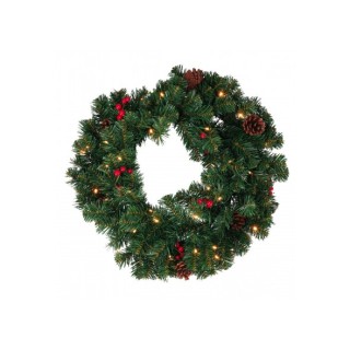 Ghirlanda in PVC con pigne e bacche con 50 LED (funzionamento a pila 3AA x 1,5V)-bianchi - luce calda / 120 rametti-diam. cm. 60