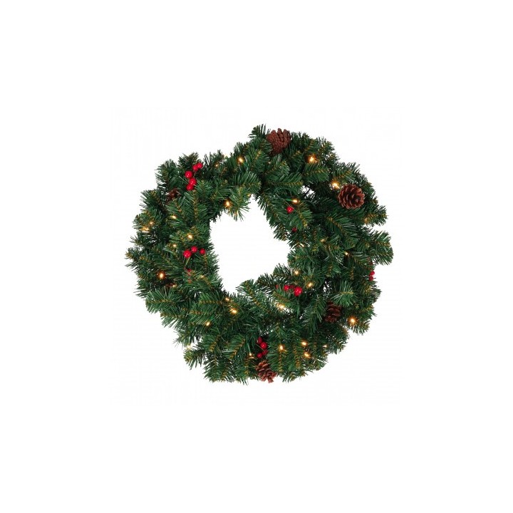 Ghirlanda in PVC con pigne e bacche con 50 LED (funzionamento a pila 3AA x 1,5V)-bianchi - luce calda / 120 rametti-diam. cm. 60