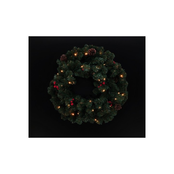 Ghirlanda in PVC con pigne e bacche con 50 LED (funzionamento a pila 3AA x 1,5V)-bianchi - luce calda / 120 rametti-diam. cm. 60