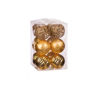 Set 12 palline di Natale oro in plastica-ass. 3 modelli-diam. cm. 8