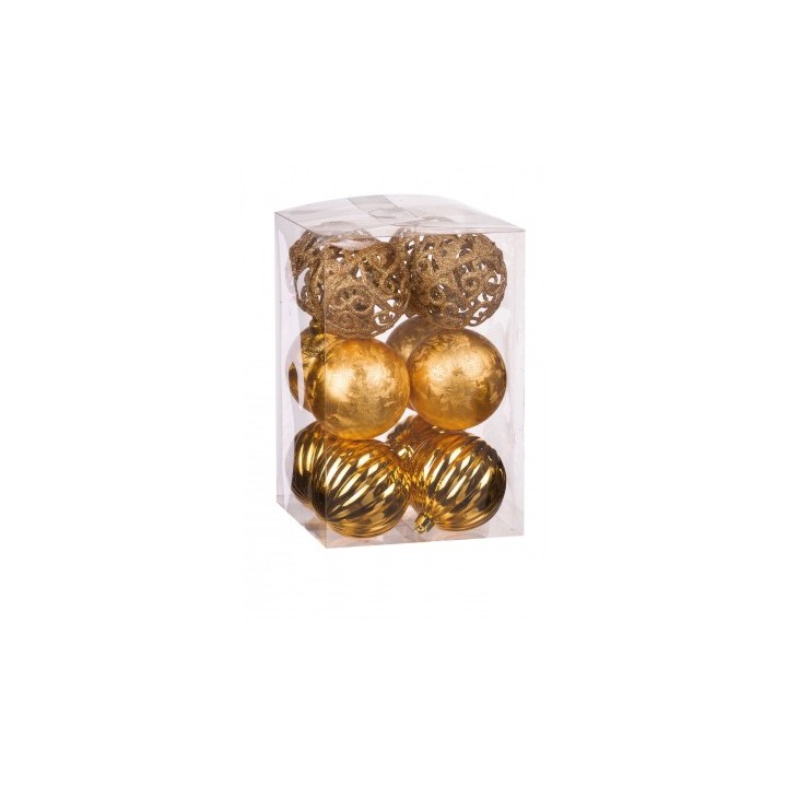 Set 12 palline di Natale oro in plastica-ass. 3 modelli-diam. cm. 8