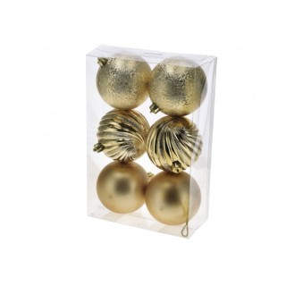 Set 6 palline di Natale oro in plastica-ass. 3 finiture-diam. cm. 10