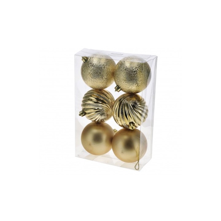 Set 6 palline di Natale oro in plastica-ass. 3 finiture-diam. cm. 10