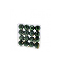 Set 16 palline di Natale verdi in plastica-ass. 4 finiture-diam. cm. 6