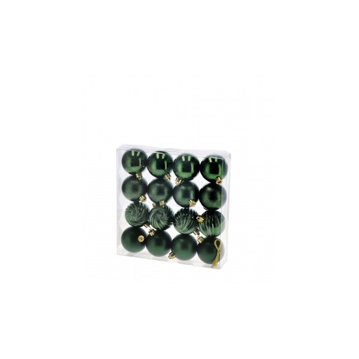 Set 16 palline di Natale verdi in plastica-ass. 4 finiture-diam. cm. 6