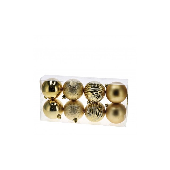 Set 8 palline di Natale oro in plastica 4 finiture cm 8