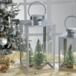 Lanterna in metallo con abeti Con luce a led 17,5x17,5x34 cm