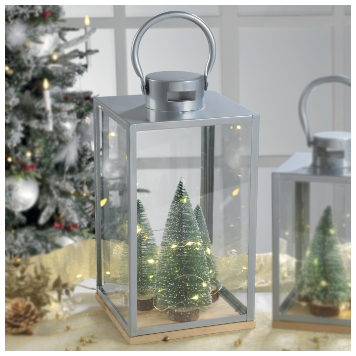 Lanterna in metallo con abeti Con luce a led 17,5x17,5x34 cm
