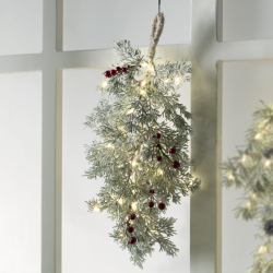 Ramo pino innevato con bacche rosse 40 luci a led e trasformatore 50 cm