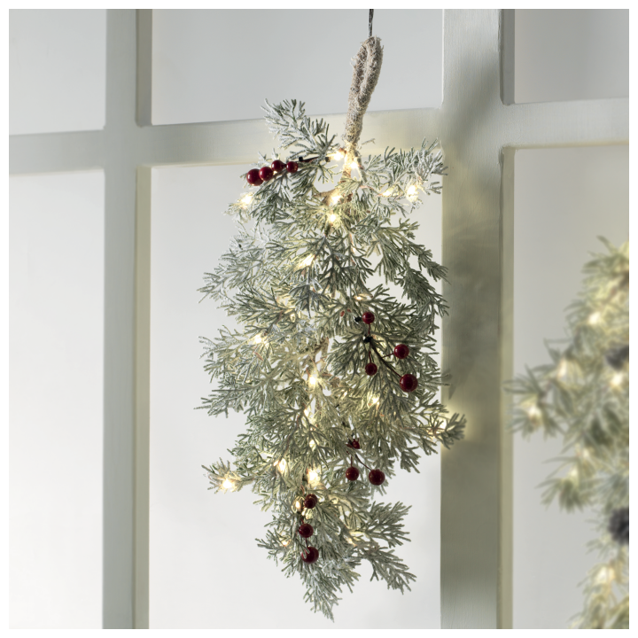 Ramo pino innevato con bacche rosse 40 luci a led e trasformatore 50 cm
