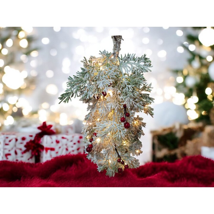 Ramo pino innevato con bacche rosse 40 luci a led e trasformatore 50 cm