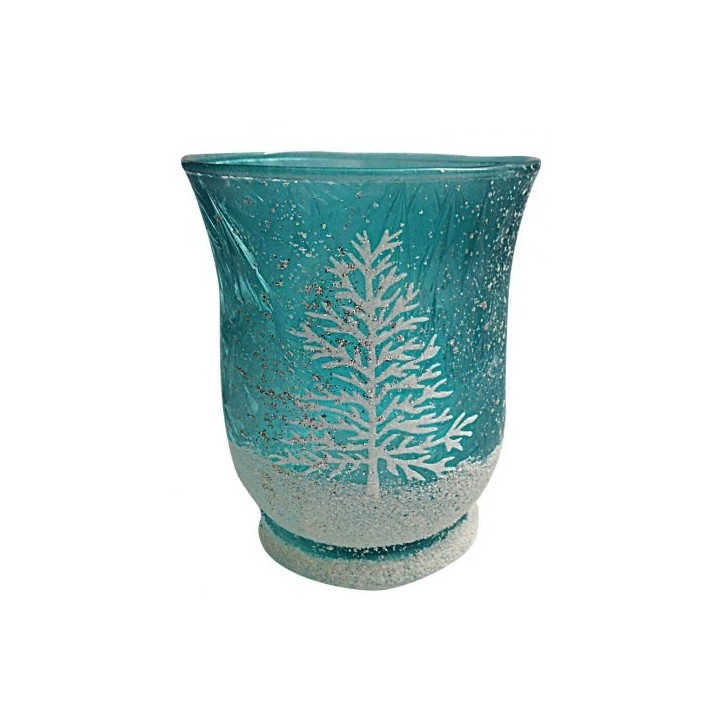Portacandela albero innevato sfondo azzurro 9x9x10,5 cm