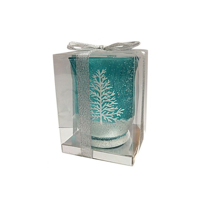 Portacandela albero innevato sfondo azzurro 9x9x10,5 cm