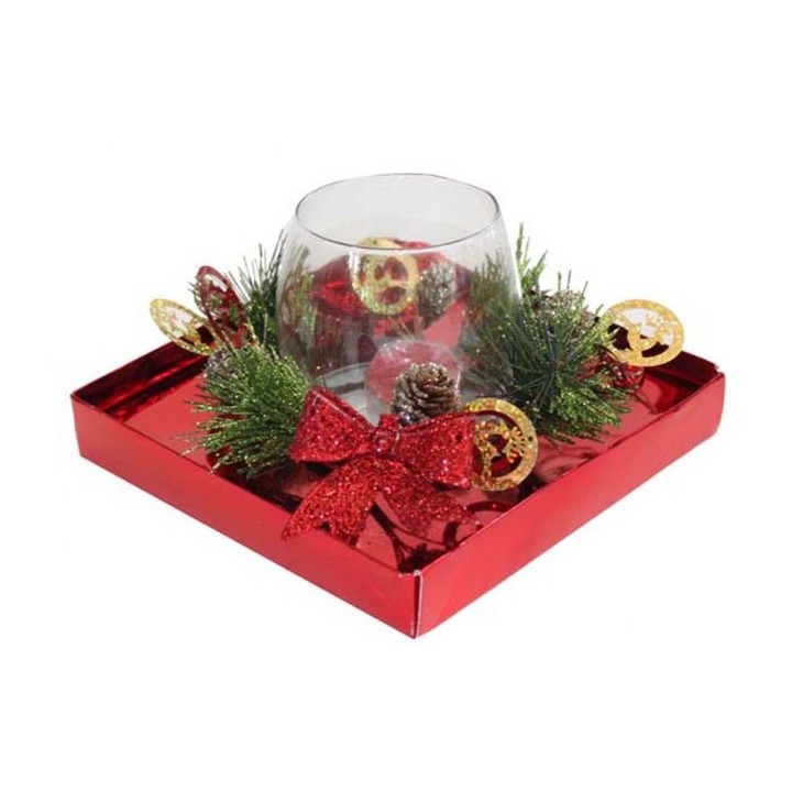 Bicchiere con candela e decorazioni natalizie rosse 18,3x11 cm