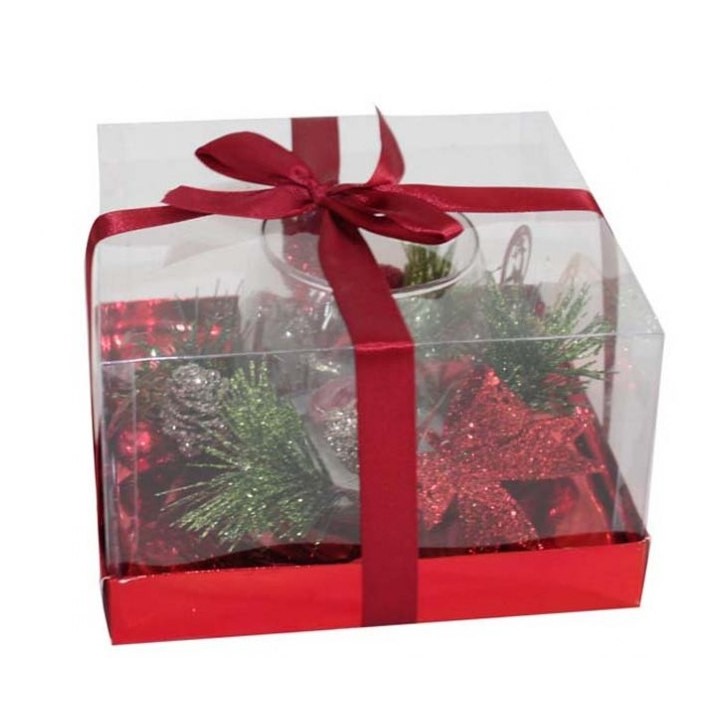 Bicchiere con candela e decorazioni natalizie rosse 18,3x11 cm