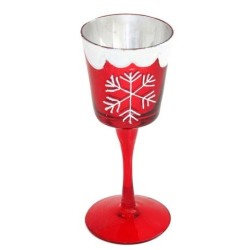 Portacandela bicchiere rosso decoro fiocco di neve 8x18 cm