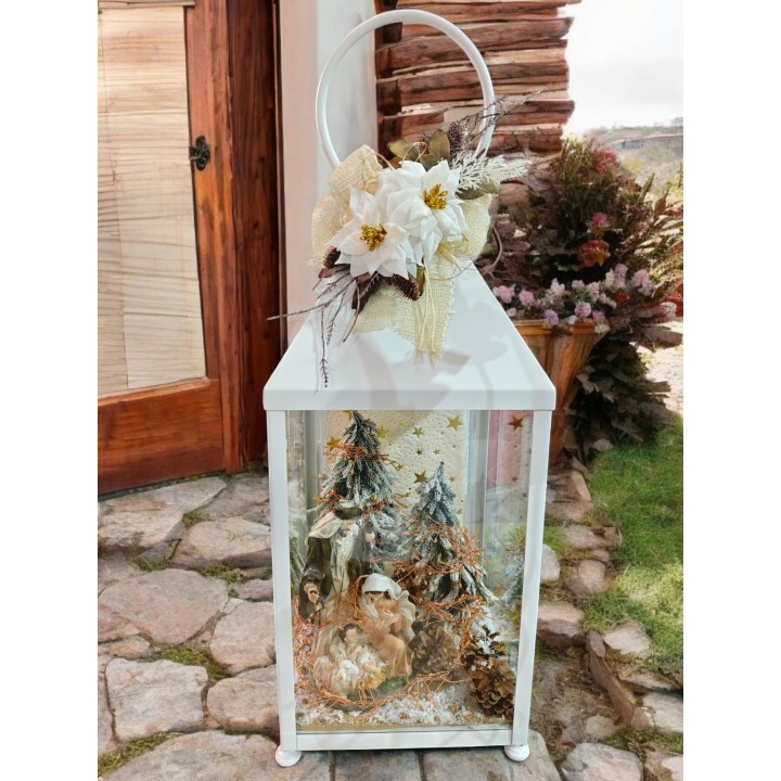 Lanterna Bianca metallo con natività con led inclusi 30x30x70 cm
