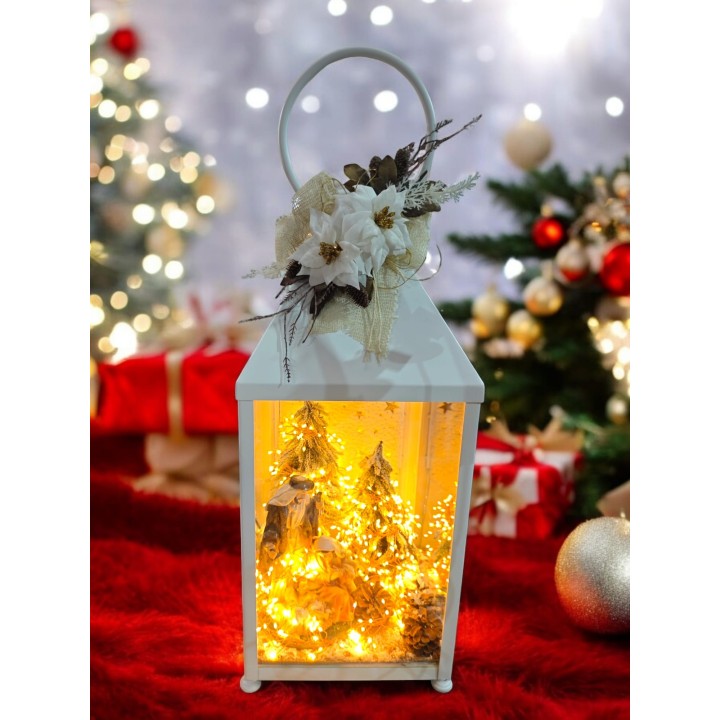 Lanterna Bianca metallo con natività con led inclusi 30x30x70 cm