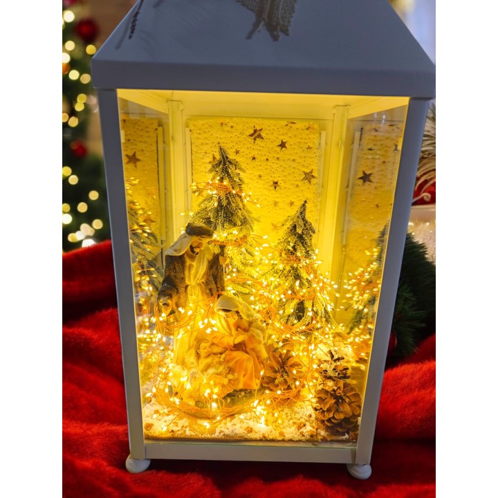 Lanterna Bianca metallo con natività con led inclusi 30x30x70 cm