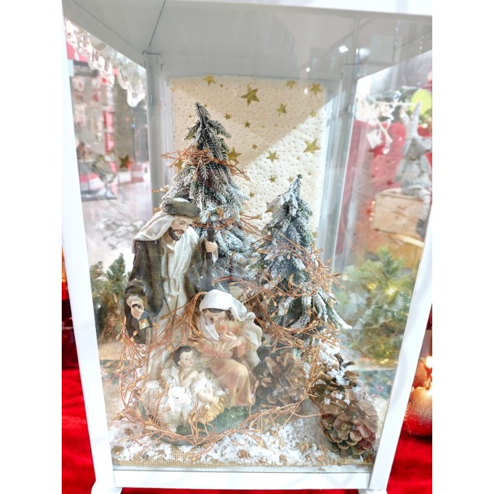 Lanterna Bianca metallo con natività con led inclusi 30x30x70 cm
