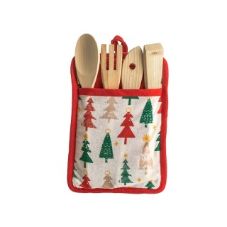 Porta mestoli scottish composto da un mestolo, un forchettone, una paletta, una paletta forata in legno.