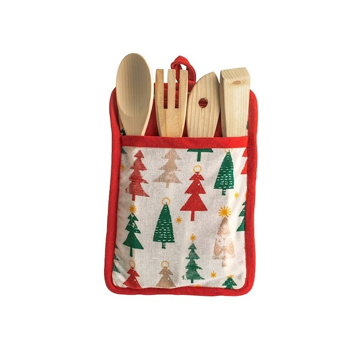 Porta mestoli scottish composto da un mestolo, un forchettone, una paletta, una paletta forata in legno.