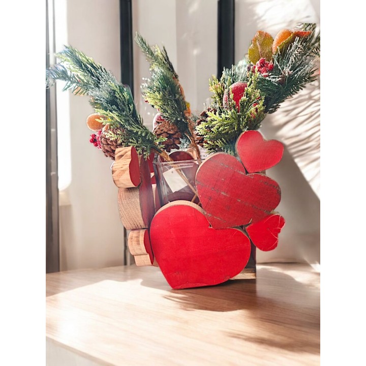 Vaso decoro cuori in legno artigianale 22x22 cm | CarinCasa