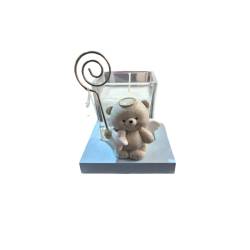 Orsetto ali con candela su base celeste 8,5x11x10 cm regali di cuore