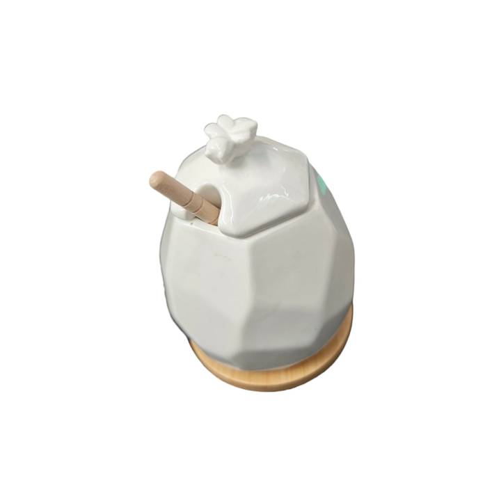 Porta miele porcellana con cucchiainoe base bamboo