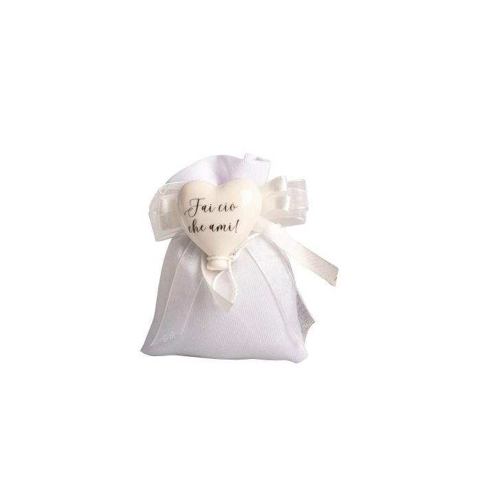 Magnete palloncino cuore porcellana bianco con 2 frasi e laccetto