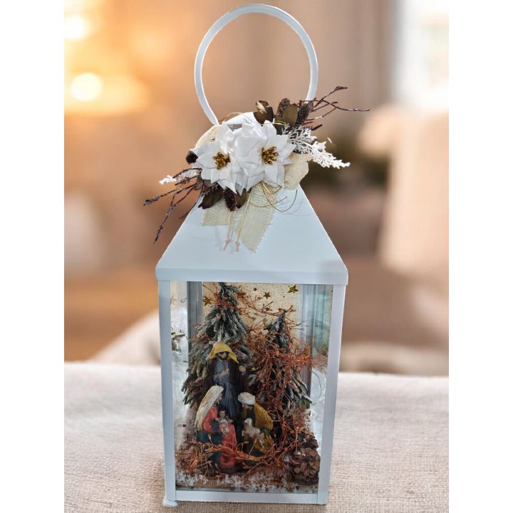 Lanterna Bianca metallo con natività con led inclusi 30x30x70 cm