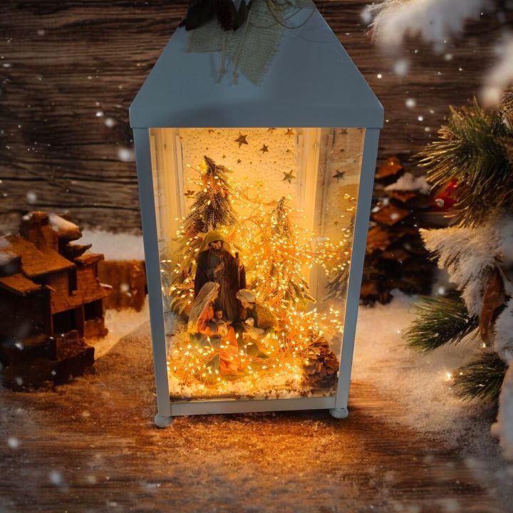 Lanterna Bianca metallo con natività con led inclusi 30x30x70 cm