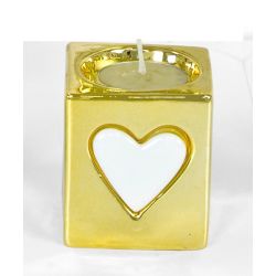 Portacandela in Porcellana Oro con Cuore Bianco