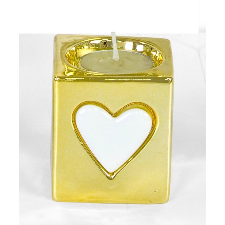 Portacandela Porcellana Oro con Cuore Bianco | Carin Casa