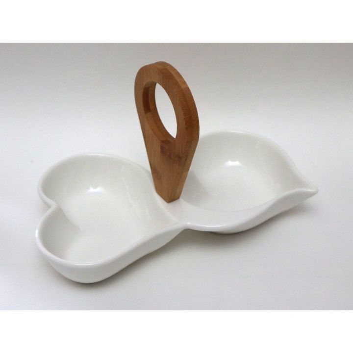 Piatto Due Cuori Porcellana con Manico Bamboo | Carin Casa
