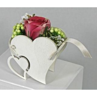 Scatola Cuore Legno Bianco con Fiori Rosa Intenso | Carin Casa