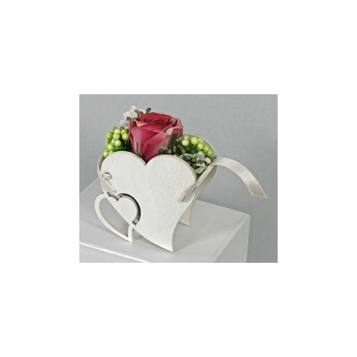 Scatola Cuore Legno Bianco con Fiori Rosa Intenso | Carin Casa