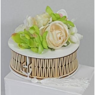 Scatola Tonda Legno con Fiori Panna 12 cm | Carin Casa