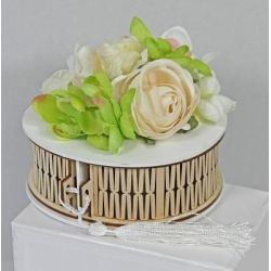 Scatola Tonda in Legno Bicolore con Fiori Panna 12 cm