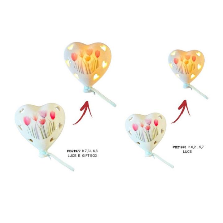 Palloncino a cuore con tulipani e luce in porcellana 7,3 cm