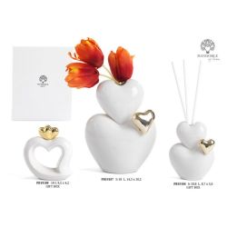 Vaso a doppio cuore in porcellana bianca con cuore oro 18 cm