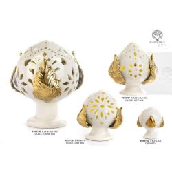 Pigna pugliese con luce in ceramica bianca e foglie oro 9,8 cm