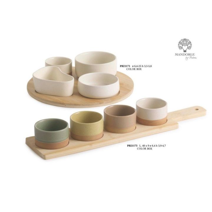 Set antipasto 4 ciotole in ceramica color panna su vassoio rotondo in