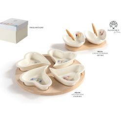 Set 2 ciotoline a cuore in porcellana con cucchiaini su base in legno, decoro tulipani