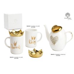 Tazza mug King in porcellana bianca con coperchio a corona oro 13,6 cm