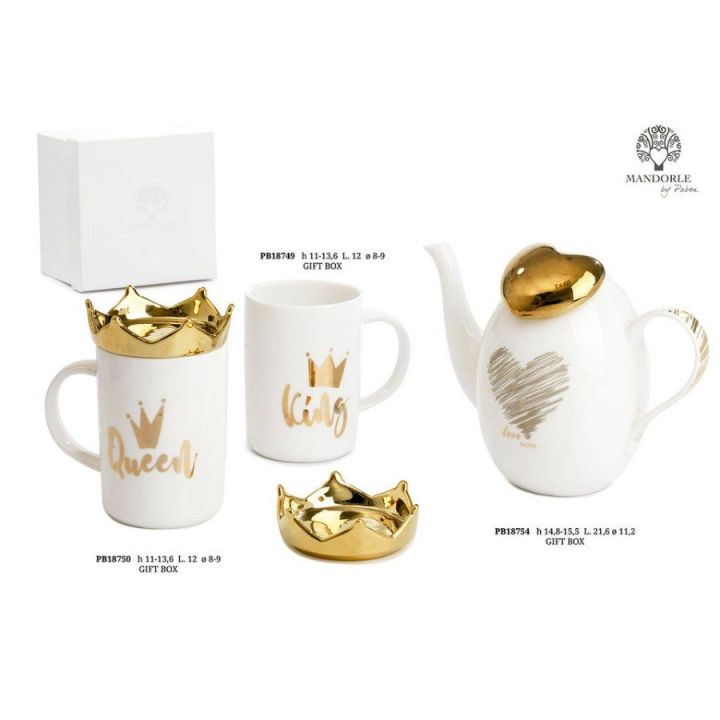 Tazza mug King in porcellana bianca con coperchio a corona oro 13,6 cm