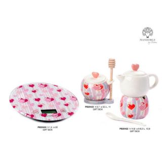 Barattolo per miele con mestolo in porcellana con decoro cuori rosa